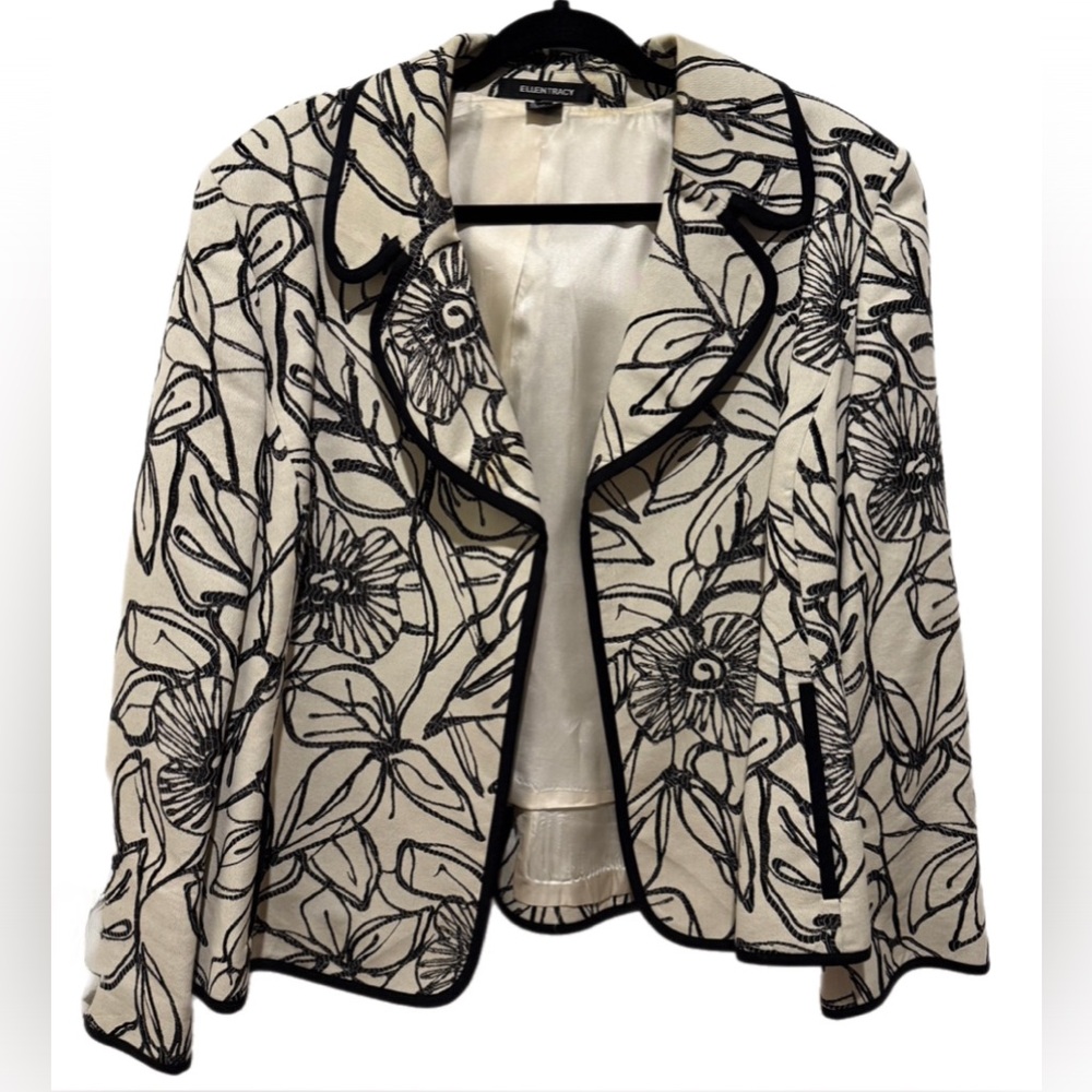 Ellen Tracy Cream Jacket with Black Floral Outline